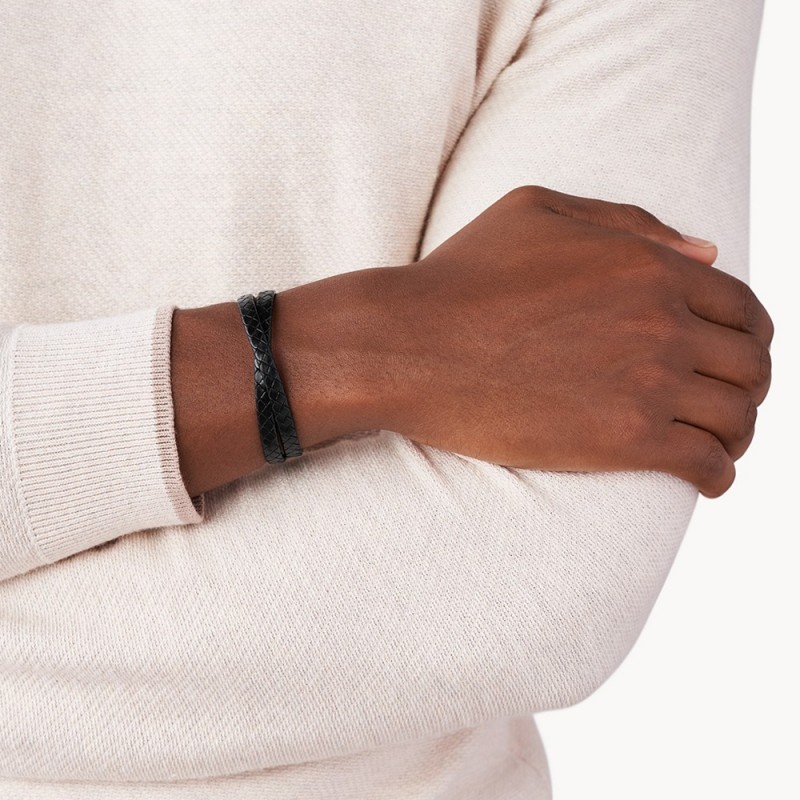 Bracelet Fossil double cuir noir tressé et fermoir en acier 