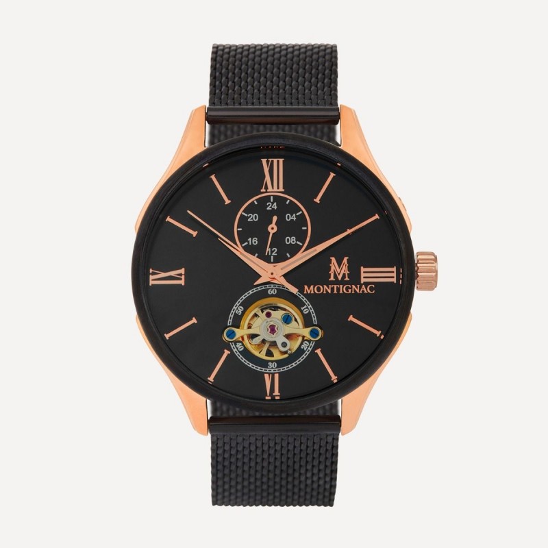 Montre montignac automatique dorée rose et noire 