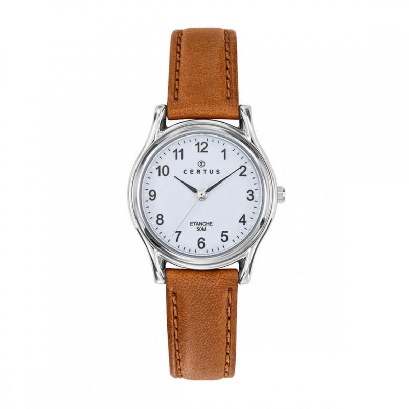 montre femme Certus acier argenté bracelet cuir marron