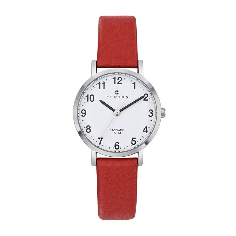 montre femme Certus acier argenté bracelet cuir rouge