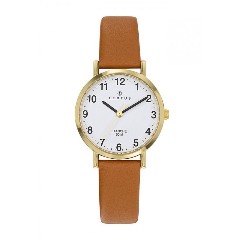 MONTRE FEMME CERTUS ACIER DORÉ BRACELET CUIR MARRON