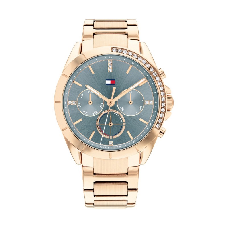 Montre femme multifonction tommy hilfiger dorée et bleue gris