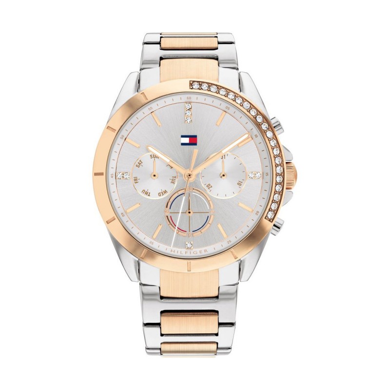 Montre femme multifonction tommy hilfiger dorée rose et grise argent