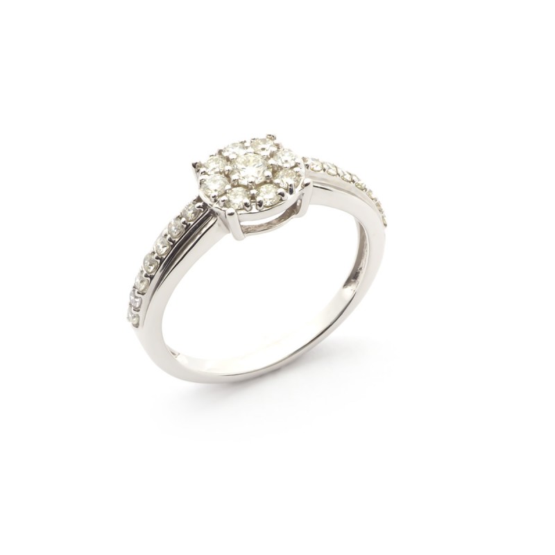 BAGUE SOLITAIRE ACCOMPAGNEE OR BLANC 375/000 DIAMANTS