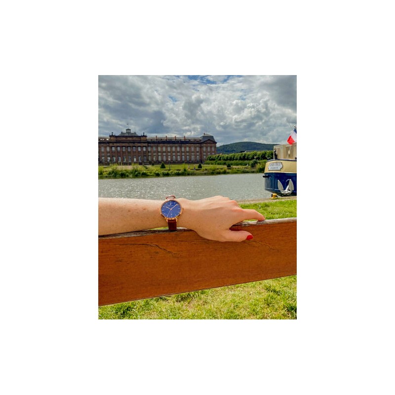 Montre Femme Collection Echo Cadran Bleu et Bracelet en Cuir Brun