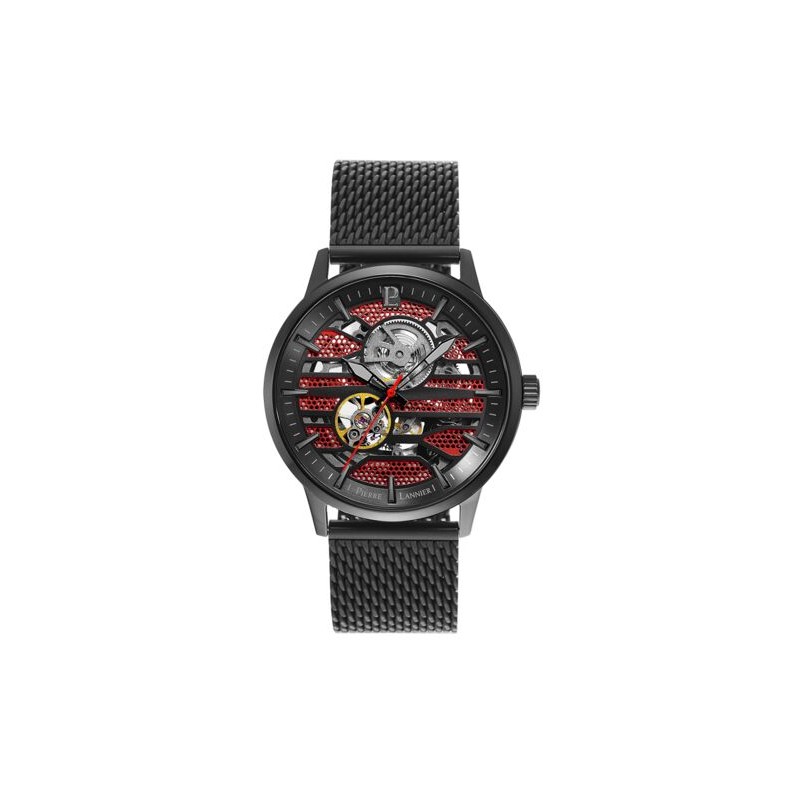Montre Homme Pierre Lannier Collection IMPACT Cadran Rouge Bracelet en Acier Milanais Noir