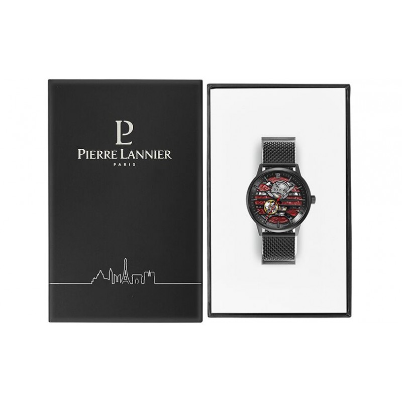 Montre Homme Pierre Lannier Collection IMPACT Cadran Rouge Bracelet en Acier Milanais Noir