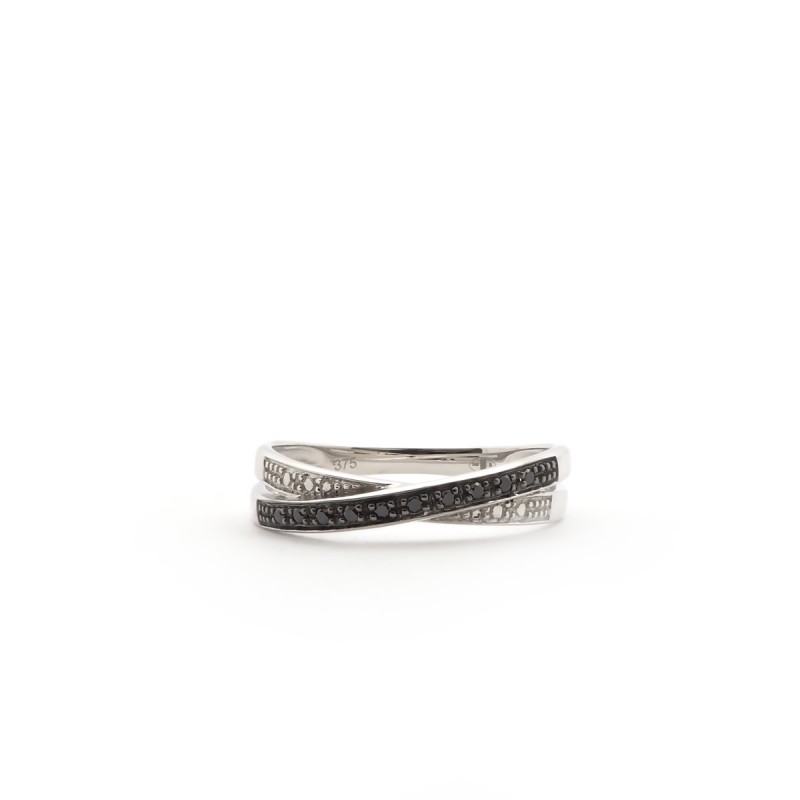 Bague anneaux croisés Carador en or blanc 375/000 et diamants noirs