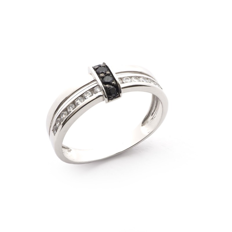 Bague Oxydes Blanc et Noir Gri Or 375/000