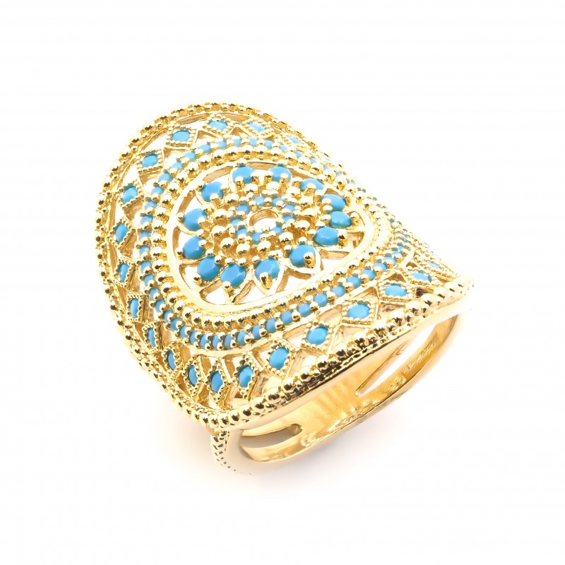 Bague Carador motif soleil aztèque plaqué or et turquoise