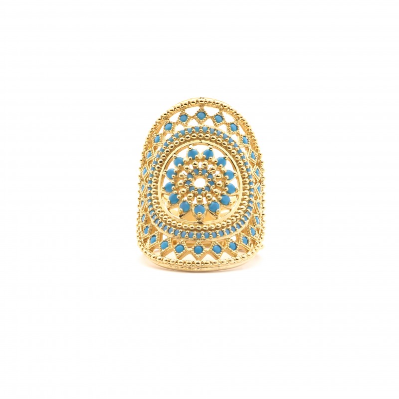 Bague Carador motif soleil aztèque plaqué or et turquoise