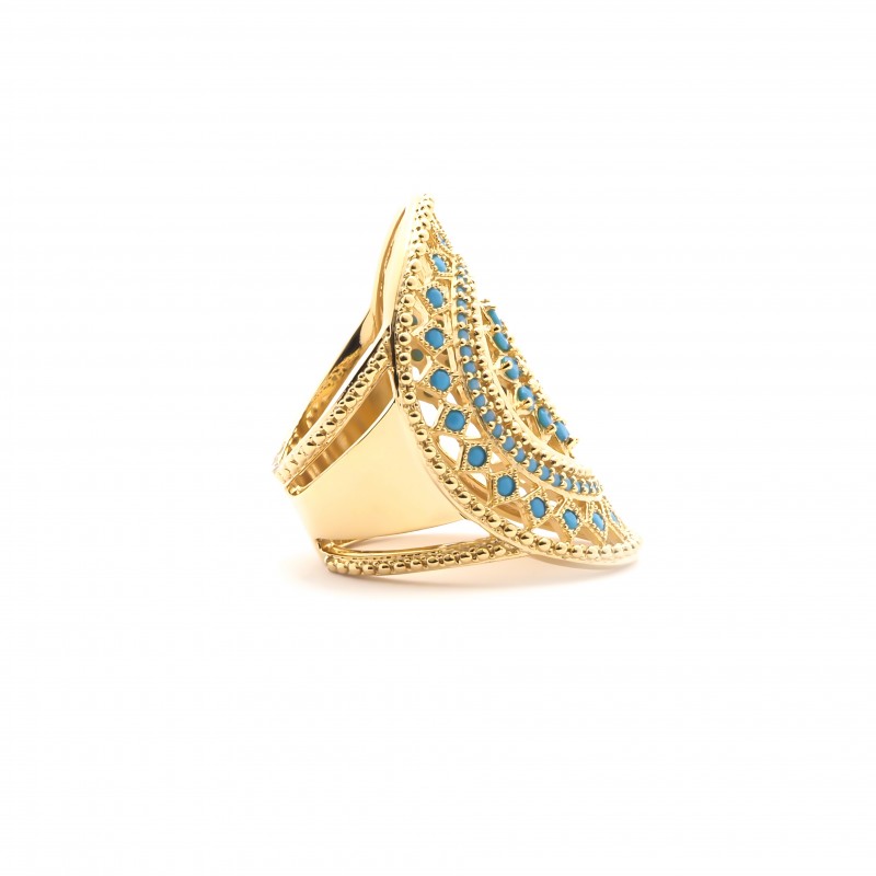 Bague Carador motif soleil aztèque plaqué or et turquoise