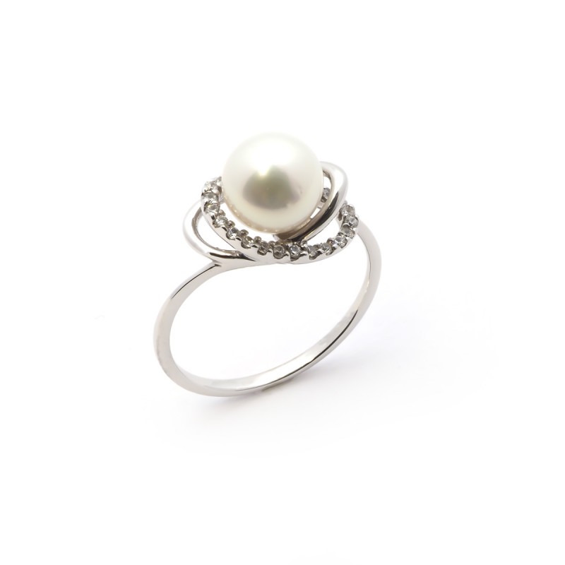 Carador - Bague Elipse Perle, Or blanc375/000 et Oxyde de Zirconium