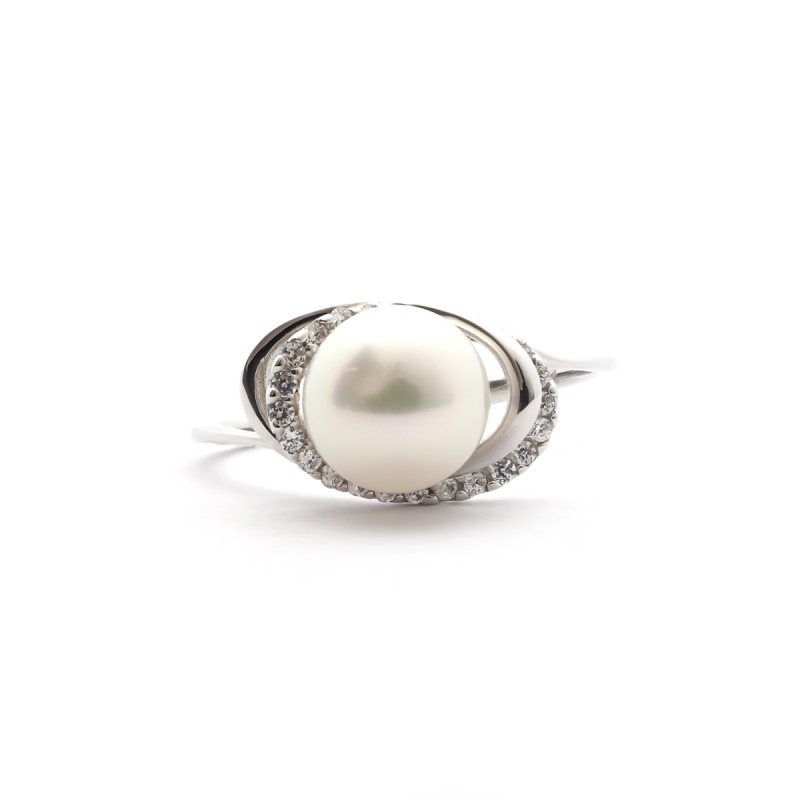 Carador - Bague Elipse Perle, Or blanc375/000 et Oxyde de Zirconium