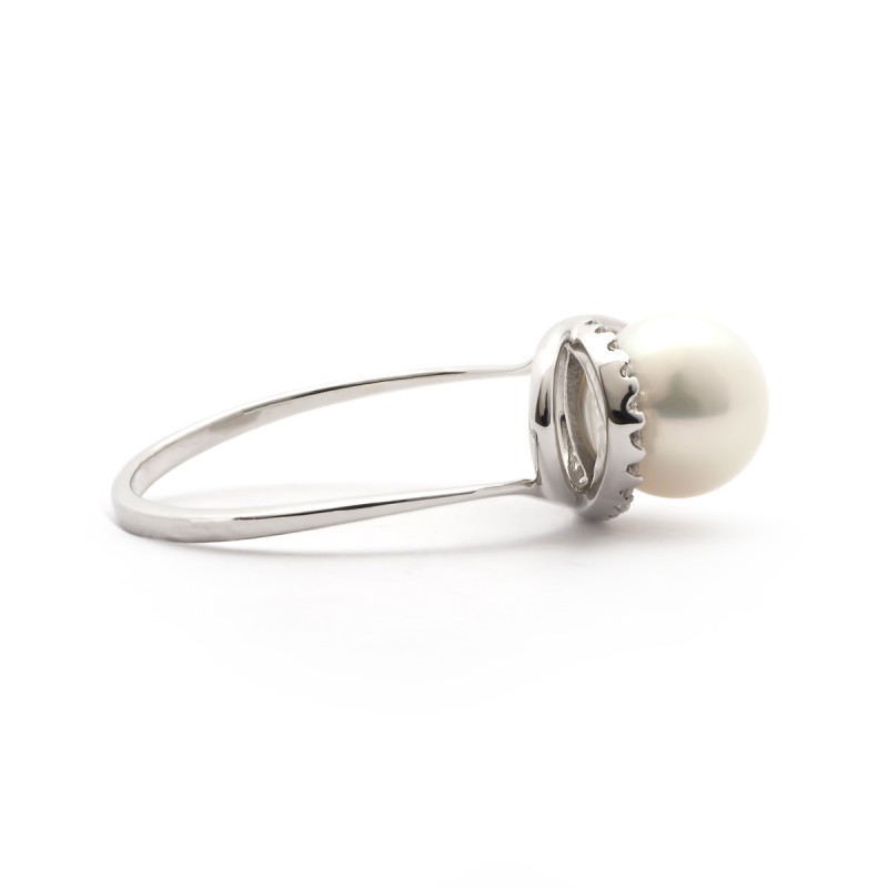 Carador - Bague Elipse Perle, Or blanc375/000 et Oxyde de Zirconium