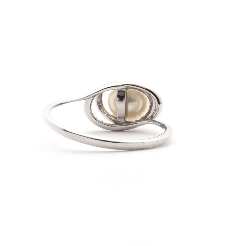 Carador - Bague Elipse Perle, Or blanc375/000 et Oxyde de Zirconium