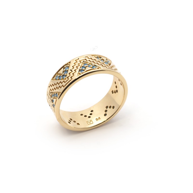 Bague Carador anneau motif ethnique plaqué or et turquoise - 7 mm