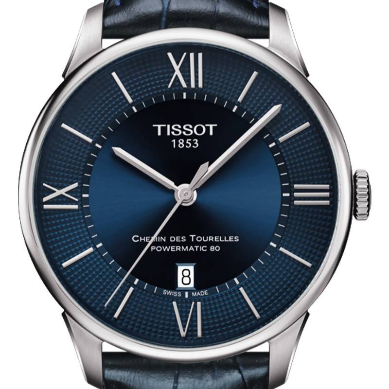Montre Homme Tissot Bracelet en Cuir Bleu Collection Chemin des Tourelles Powermatic 80