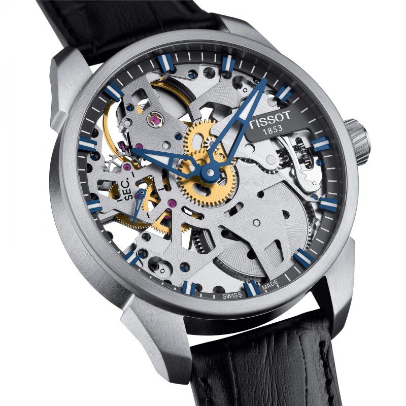 Montre Homme Tissot Bracelet en Cuir Noir Collection T-COMPLICATION SQUELETTE MECHANICAL