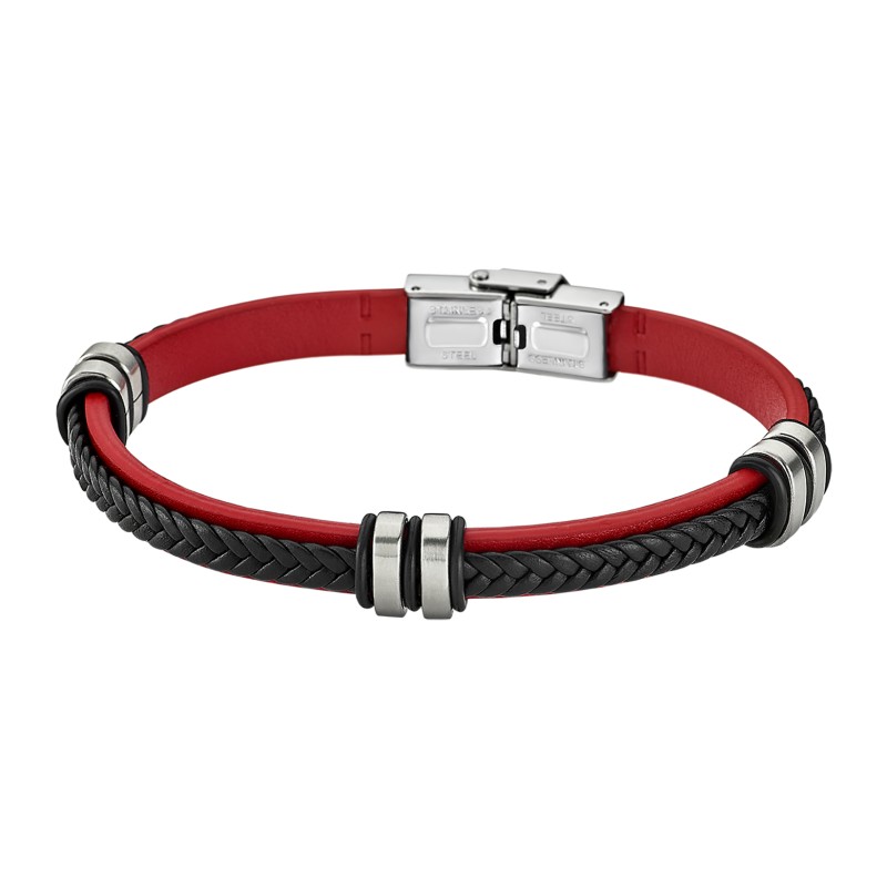 Bracelet homme lotus style en acier et cuir tresse