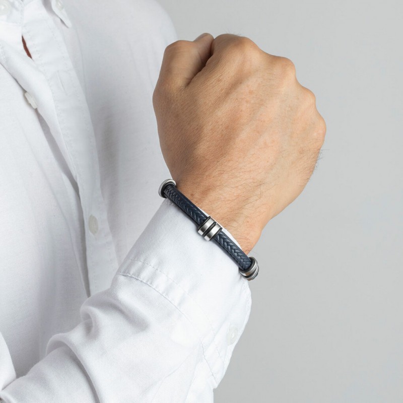 Bracelet homme lotus style en acier et cuir tresse bleu