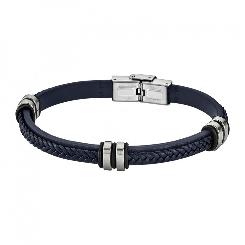 Bracelet homme lotus style en acier et cuir tresse bleu