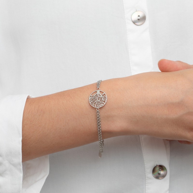 Bracelet ARBRE DE VIE femme lotus style en acier couleur argent