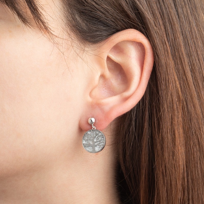 Boucles d'oreilles Pendantes ARBRE DE VIE lotus style en acier argenté