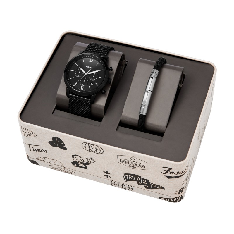 Coffret montre Fossil en cuir noir et bracelet