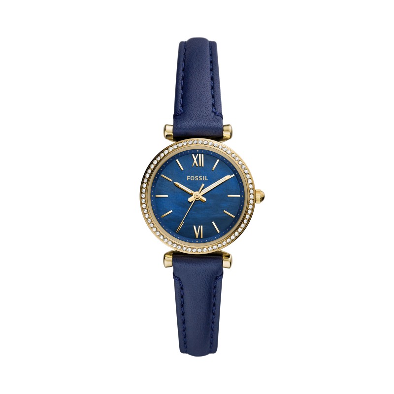 Montre Femme Fossil Mini Carlie acier cuir bleu marine