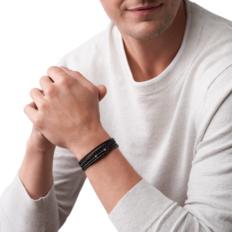 Bracelet Fossil multi rangees Vintage casual en cuir noir