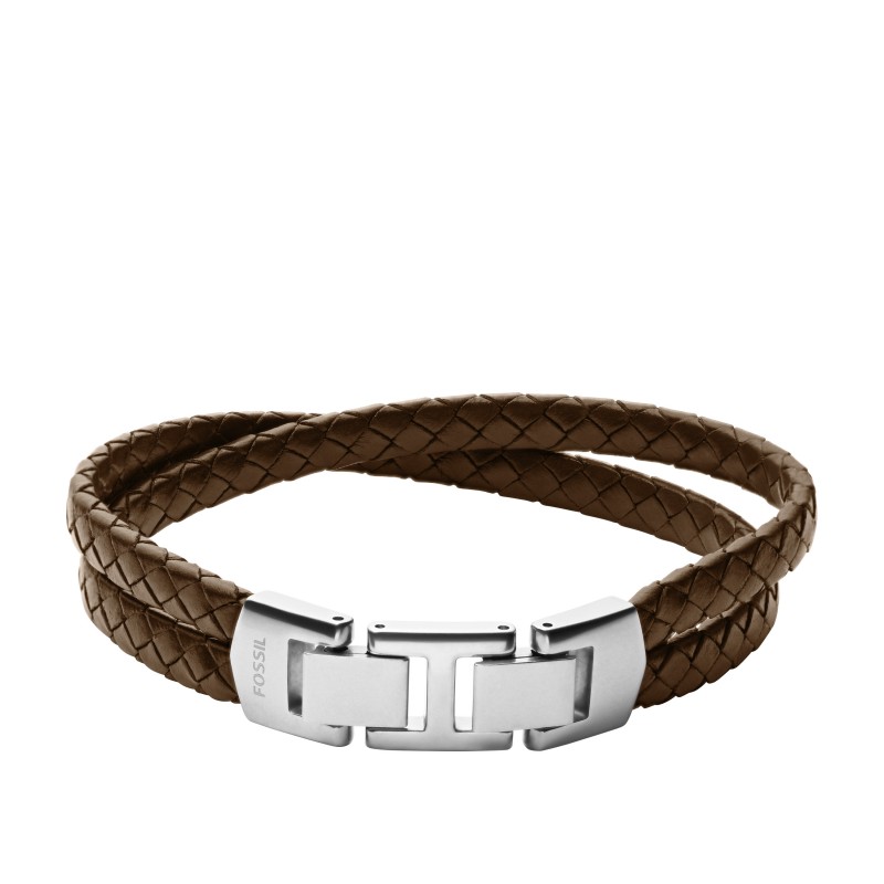 Bracelet Fossil multi rangées en cuir marron et fermoir en acier