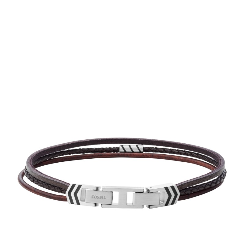 Bracelet Fossil multi rangées en cuir marron et fermoir en acier