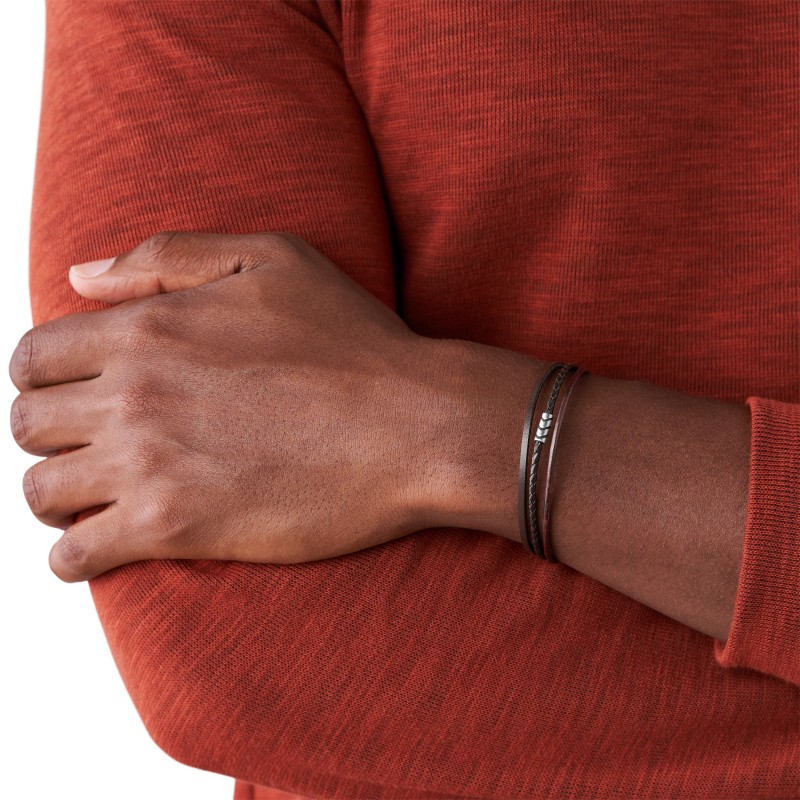 Bracelet Fossil multi rangées en cuir marron et fermoir en acier