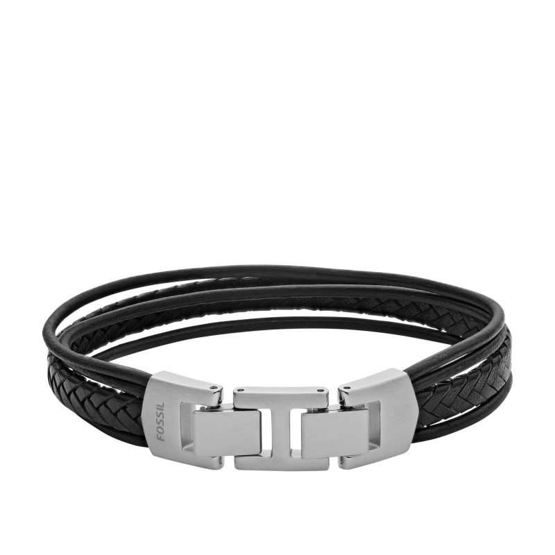 Bracelet Fossil multi rangées en cuir noir et fermoir en acier