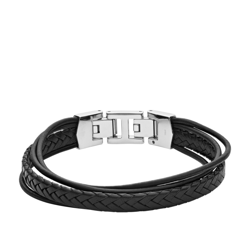 Bracelet Fossil multi rangées en cuir noir et fermoir en acier