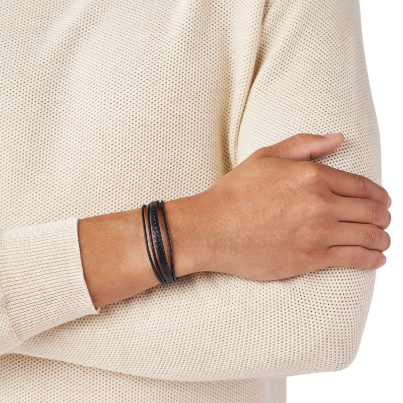 Bracelet Fossil multi rangées en cuir noir et fermoir en acier