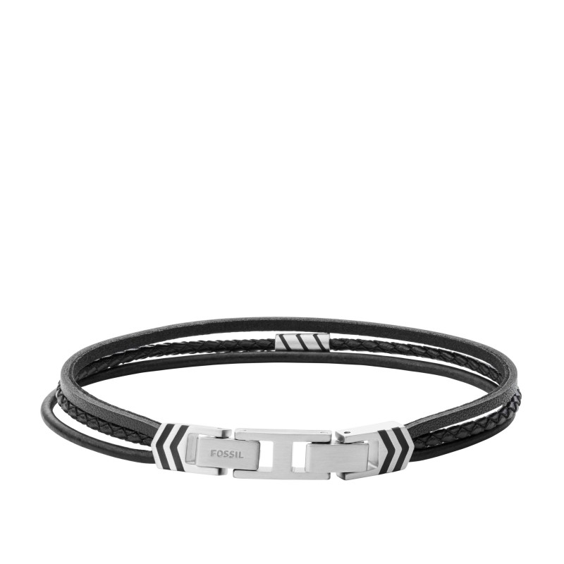 Bracelet Fossil multi rangées en cuir noir et fermoir en acier