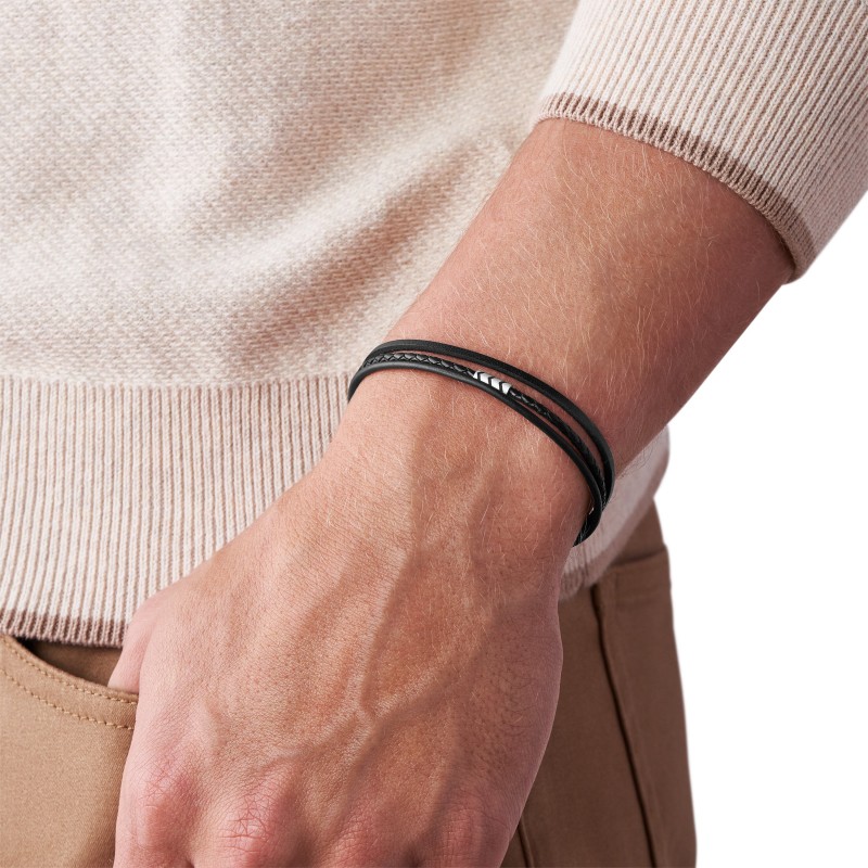 Bracelet Fossil multi rangées en cuir noir et fermoir en acier