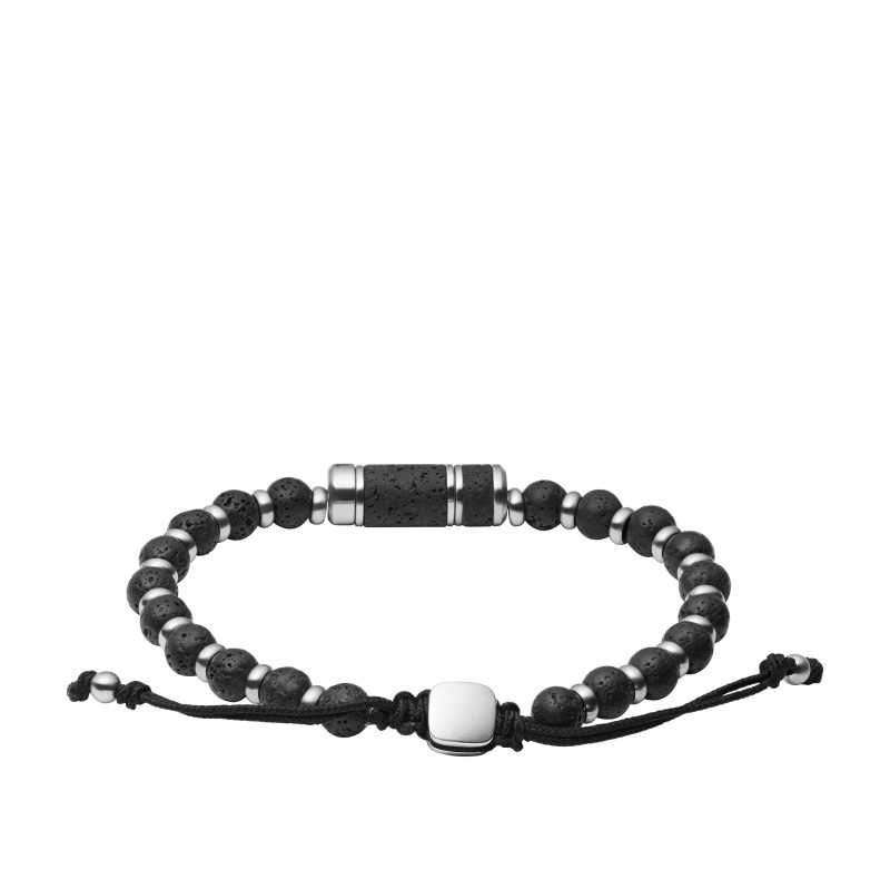 Bracelet homme Fossil perles de caravan en acier inoxydable et lave noire