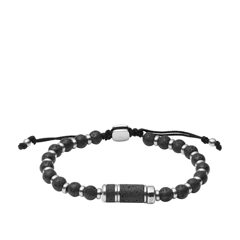 Bracelet homme Fossil perles de caravan en acier inoxydable et lave noire