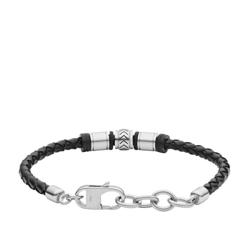 Bracelet Fossil en cuir noir tressé et acier argenté