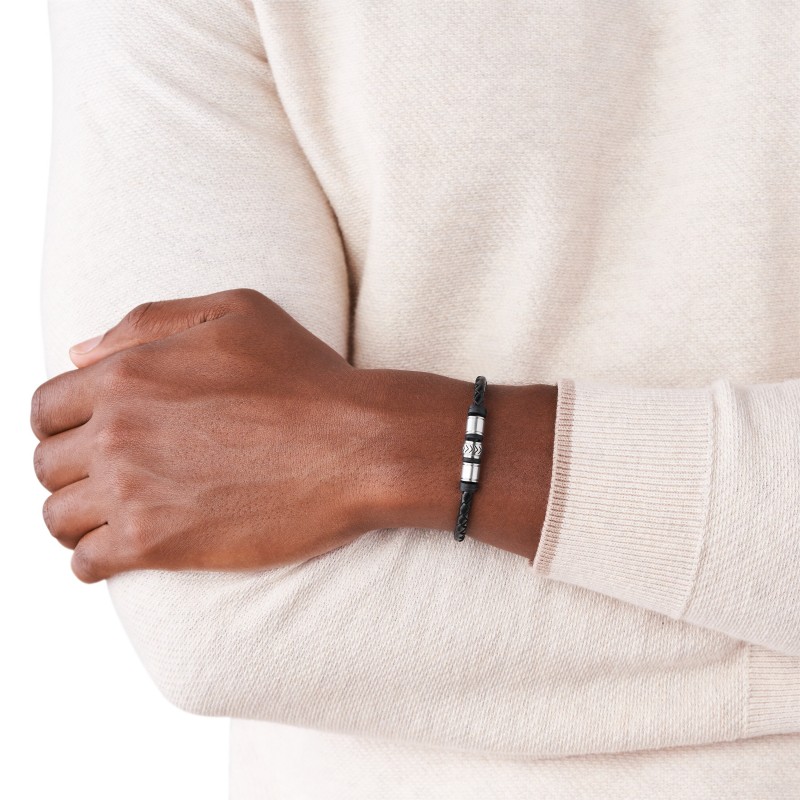 Bracelet Fossil en cuir noir tressé et acier argenté