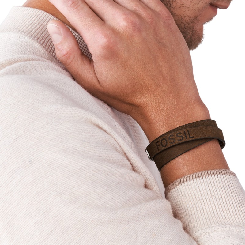 Bracelet Fossil multi rangées cuir et plaque et fermoir en acier