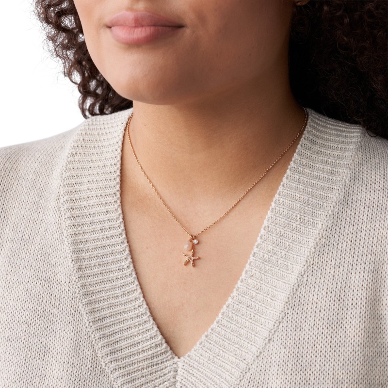 Collier Beach Girl Fossil acier doré rose et pierre de lune