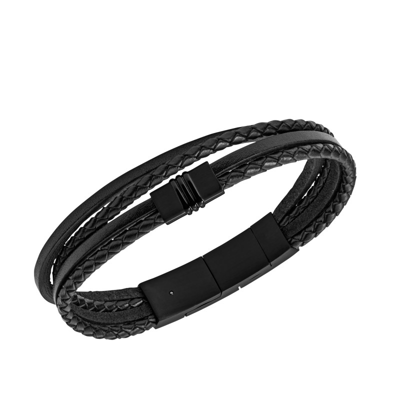 Bracelet FOSSIL multi-rangs en cuir noir