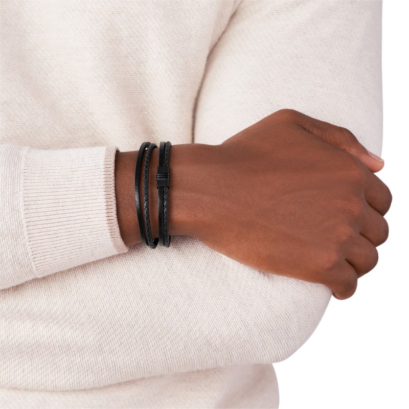 Bracelet FOSSIL multi-rangs en cuir noir