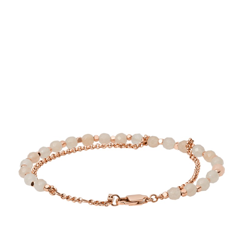 Bracelet Fossil double chaine dore rose et pierres semi-précieuses rose