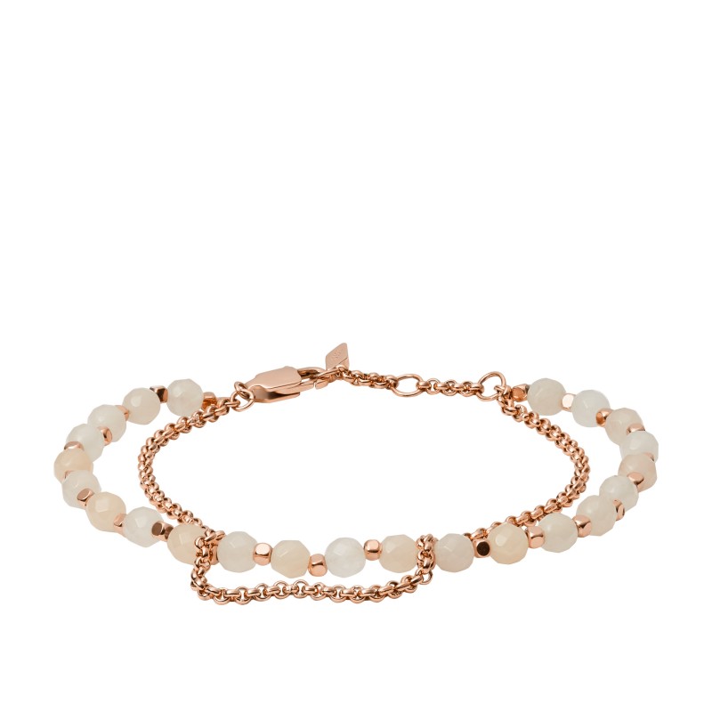 Bracelet Fossil double chaine dore rose et pierres semi-précieuses rose