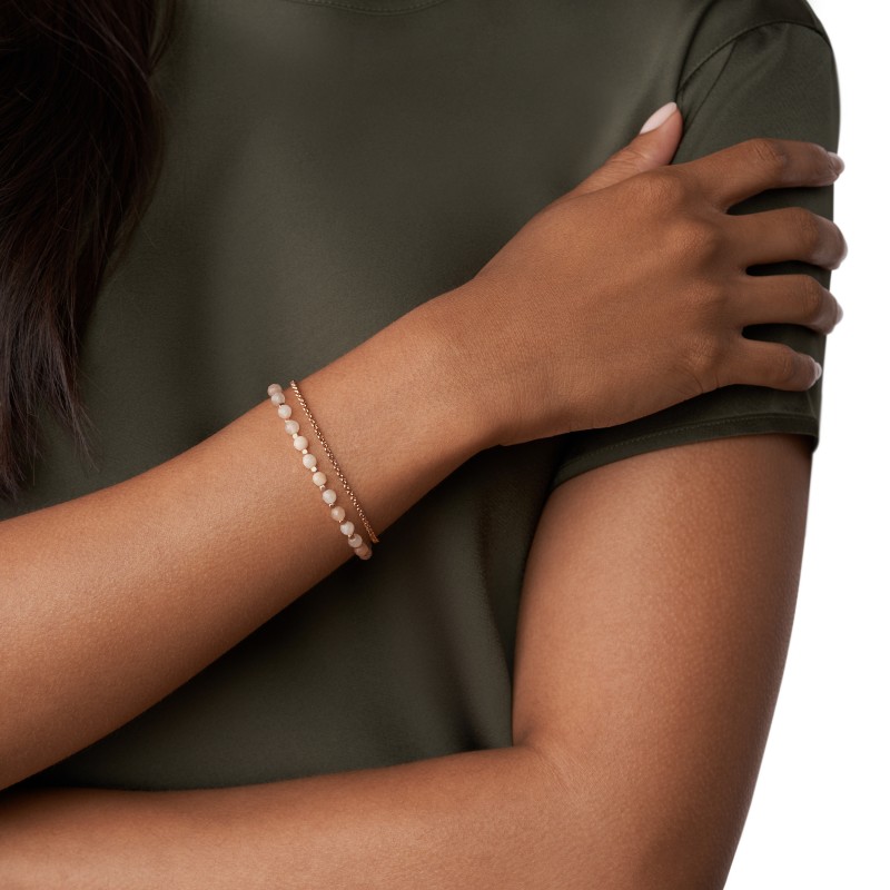 Bracelet Fossil double chaine dore rose et pierres semi-précieuses rose